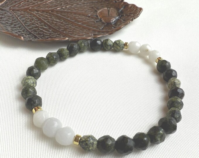 Featured listing image: Handmade Serpentine Jade & Hematite Stretch Bracelet | Gift-Ready Gemstone Jewelry