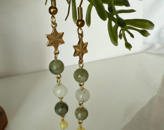 Handmade Gold Star Dangle Earrings, Green Gemstone Beads