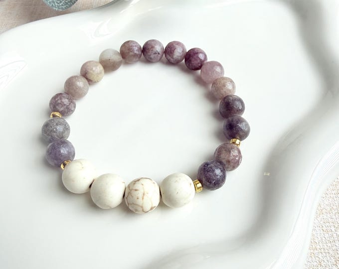 Lilac Quartz & Magnesite Gemstone Stretch Bracelet, Gold Hematite Accents, Gift for Her