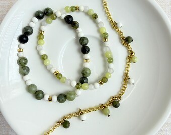 Serpentine & Magnesite Bracelet Set – 3-Piece Stackable Gold Chain Bracelets