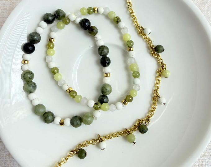Featured listing image: Serpentine & Magnesite Bracelet Set – 3-Piece Stackable Gold Chain Bracelets