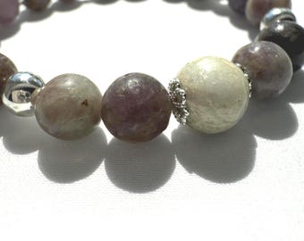 Lilac Quartz & Peridot Jade Stretch Bracelet, Hematite, Silver Accents, Handmade
