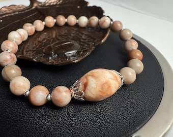 Red Spot Marble & Hematite Stretch Bracelet, Silver Accents, Handmade Gemstone Gift