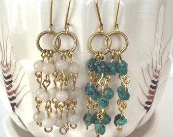 White & Turquoise Blue Dangle Earrings, Handmade Gemstone Earrings, Gift for Her