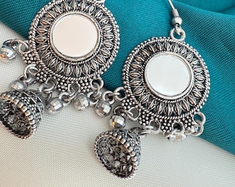 Jumka Dangle Earrings with Mirrors | Layered Fish Hook Earrings | Indian Fashion Jewelry | ClovArc