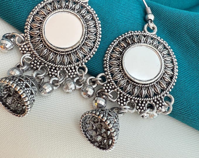 Jumka Dangle Earrings with Mirrors | Layered Fish Hook Earrings | Indian Fashion Jewelry | ClovArc