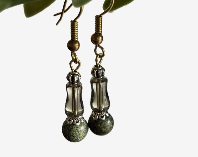 Green Serpentine & Glass Bead Dangle Earrings, Handmade Gemstone Earrings, Gift for Her