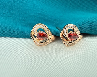 Gold Heart Hoop Earrings with Red Crystal | Elegant Sparkling Statement Jewelry | ClovArc