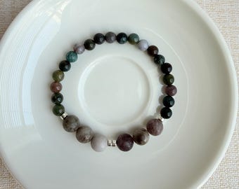 Green Jasper & Lilac Quartz Bracelet, Hematite, Silver Cross, Handmade