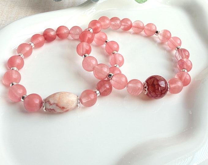 Cherry Quartz & Hematite Gemstone Bracelet, Silver Plated Bead Caps, Handmade Jewelry