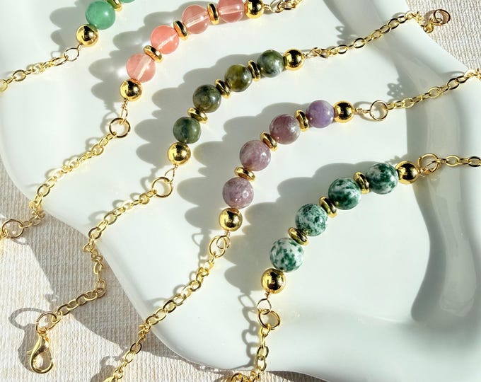 Handmade Gemstone Chain Bracelet: Serpentine, Cherry Quartz, Tree Agate, Aventurine, Lilac Quartz