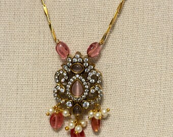 Rose Pink ,Gold Pendant Necklace | Crystal & Pearl Statement Jewelry | ClovArc