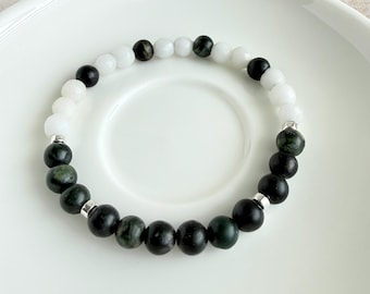 Green Serpentine & White Mountain Jade Bracelet, Hematite, Silver Cross, Handmade