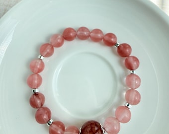 Cherry Quartz & Hematite Gemstone Bracelet, Silver Plated Bead Caps, Handmade Jewelry
