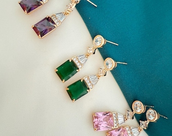 Crystal Dangle Earrings in Purple, Pink & Emerald Green | Elegant Party Wear Jewelry | ClovArc