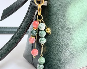 Tree Agate Cherry Quartz Bag Charm with Gold Star | Handmade Gemstone Purse Keychain