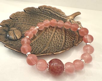 Cherry Quartz & Hematite Gemstone Bracelet, Silver Plated Bead Caps, Handmade Jewelry