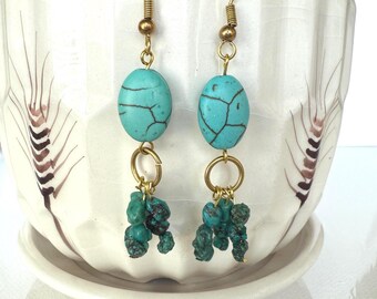 Magnesite & Turquoise Dangle Earrings, Handmade Gemstone Earrings, Brass Hooks, Gift for Her
