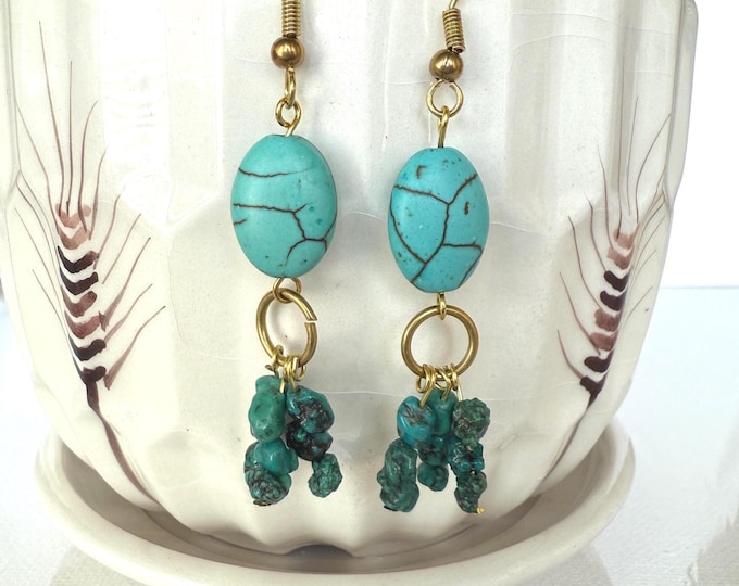 Featured listing image: Magnesite & Turquoise Dangle Earrings, Handmade Gemstone Earrings, Brass Hooks, Gift for Her