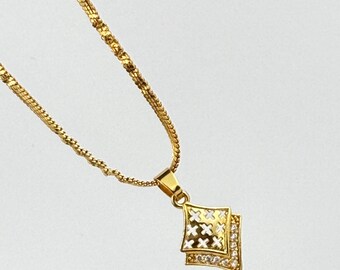 Gold-Tone Geometric Square Pendant Necklace with White Stones