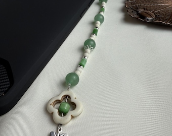 Gemstone Phone Charm with Silver Plated Butterfly | Green Aventurine, White Magnesite & Hematite Beads gifts for her unique clover charm