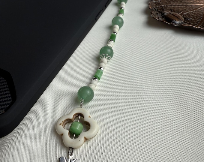 Green Aventurine Clover Phone Charm Gift for Her Women Lucky Phone Strap Gemstone Accessory