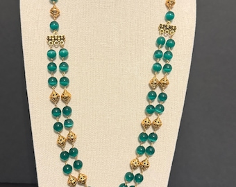 Green & Gold Beaded Double-Strand Necklace | Elegant Layered Necklace | ClovArc