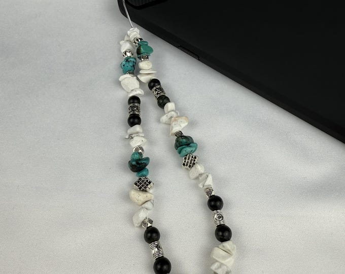 Featured listing image: Boho Howlite & Turquoise Gemstone Phone Charm | Handmade Stretch Beaded Charm | Gift-Ready
