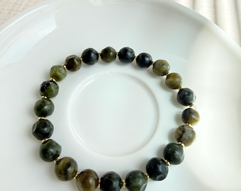 8mm Serpentine Jade & Hematite Stretch Bracelet, Handmade Gemstone Jewelry, Gift for Her