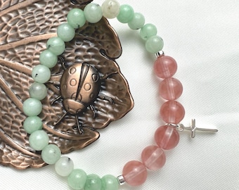 Malaysia Jade & Cherry Quartz Stretch Bracelet, Silver Cross, Handmade Faith Gift