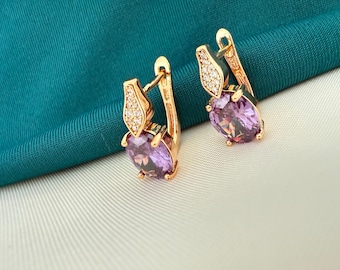 Gold Hoop Earrings with Purple Oval Crystal Stone | Elegant Statement Jewelry | ClovArc