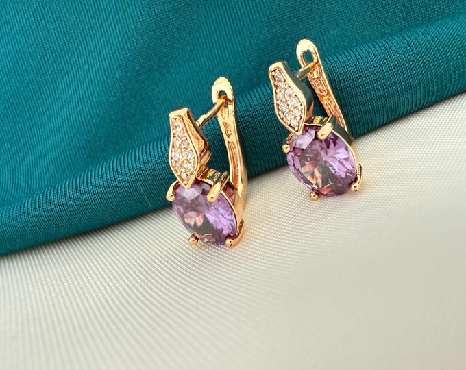 Gold Hoop Earrings with Purple Oval Crystal Stone | Elegant Statement Jewelry | ClovArc