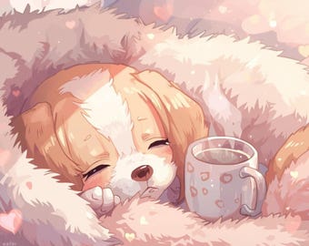 Cozy Sleeping Puppy Digital Print | Cute Dog Wall Art Printable | Warm Aesthetic Pet Illustration | Instant Download