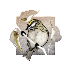 May include: A watercolor painting of a small bird with a yellow crown perched on a branch. The bird is depicted in a realistic style with detailed feathers and a delicate beak. The background is a soft brown with hints of gold.