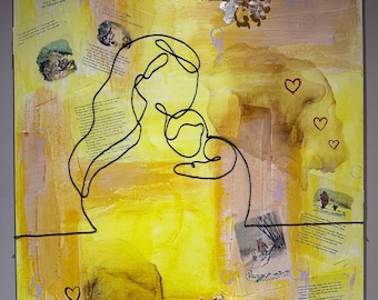 Mother and Child Line Art Canvas – Yellow Mixed Media with Dried Flowers