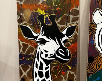 Modern Giraffe Wall Art – Abstract Safari Animal Painting on Wood | Colorful Contemporary Wildlife Decor