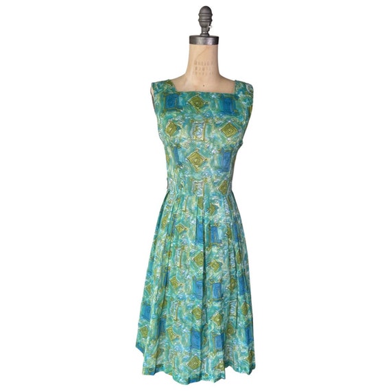 1950s green and blue print sundress - image 1