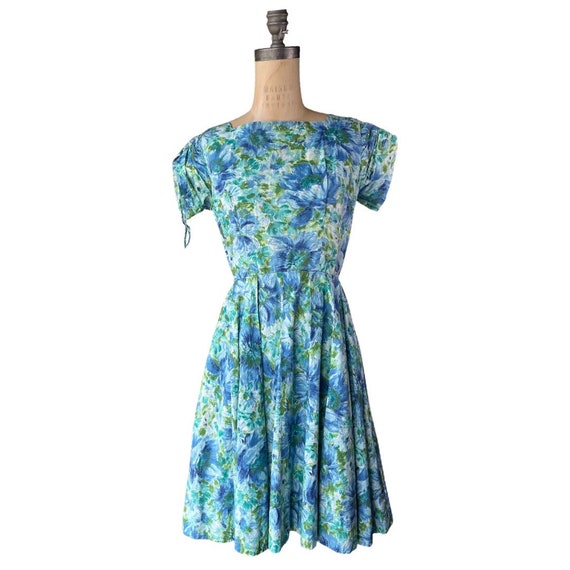 1950s blue floral print dress - image 1