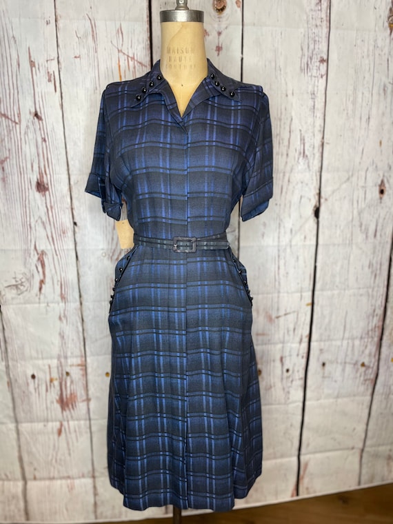 1940s navy blue plaid dress