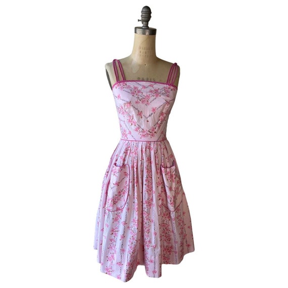 1950s pink floral spaghetti strap sundress - image 1