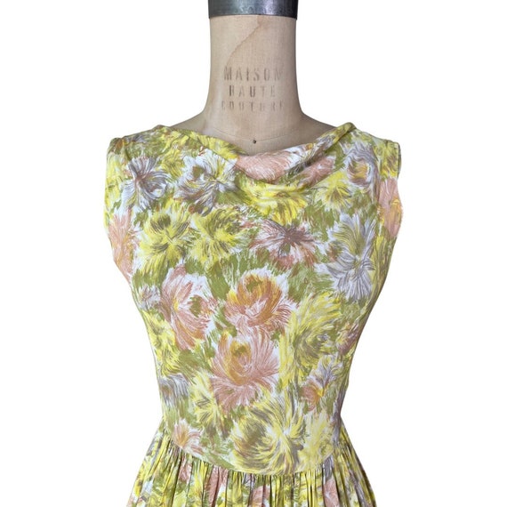 1950s yellow floral sundress with cowl neck - image 3