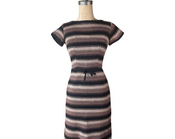 1950s brown and black knit striped wiggle dress