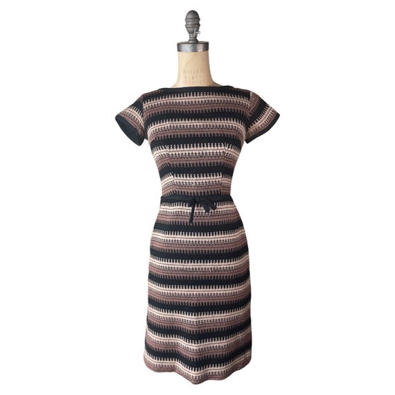 1950s brown and black knit striped wiggle dress - image 1