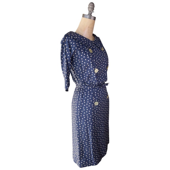 1950s navy blue polkadot wiggle dress - image 2