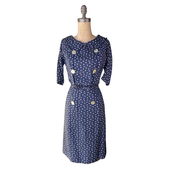 1950s navy blue polkadot wiggle dress - image 1