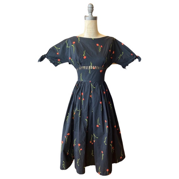 1950s black floral print sundress - image 1