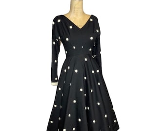 1950s black and white wool polkadot dress