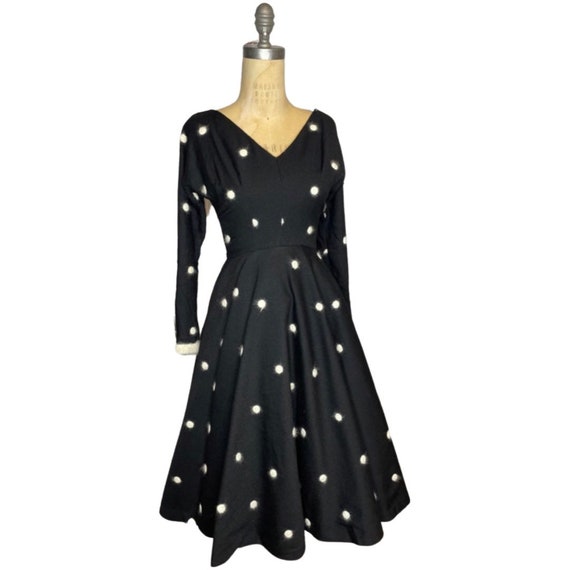 1950s black and white wool polkadot dress - image 1