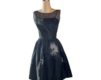 1950s black dress with floral appliqués