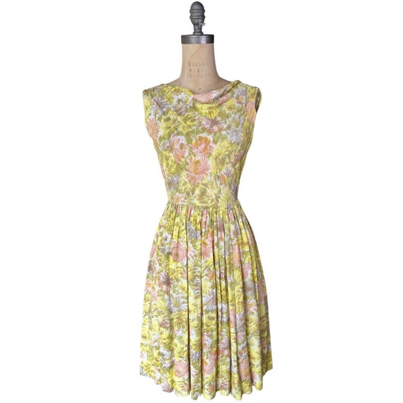1950s yellow floral sundress with cowl neck - image 1